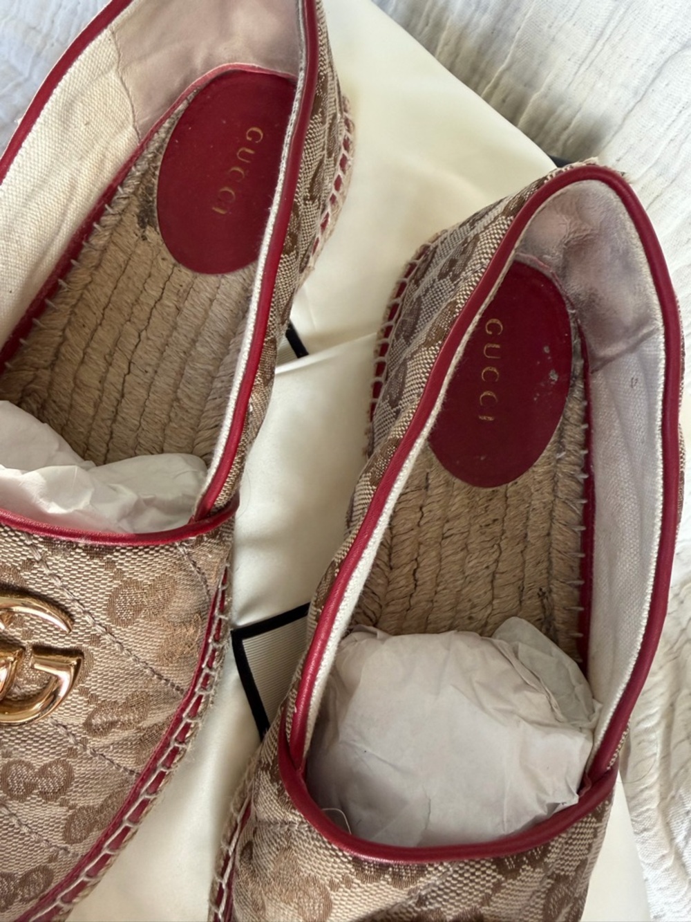 Gucci GG Canvas Espadrille Loafers with Red Trim and Gold Hardware - Picture 8 of 13